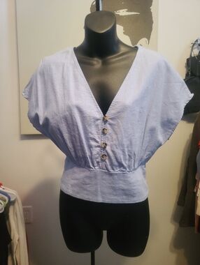 Light Blue V-Neck Button Front Women's Top